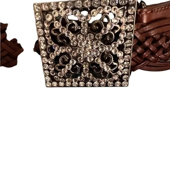 Rhinestone Buckle Adjustable Brown Woven‎ Leather Belt M main image 2